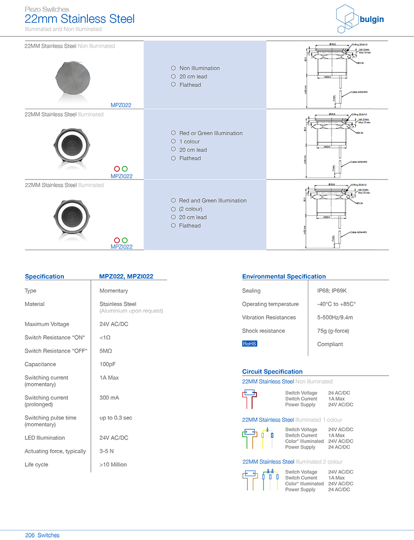 MPZ022不銹鋼Piezo開關規(guī)格尺寸